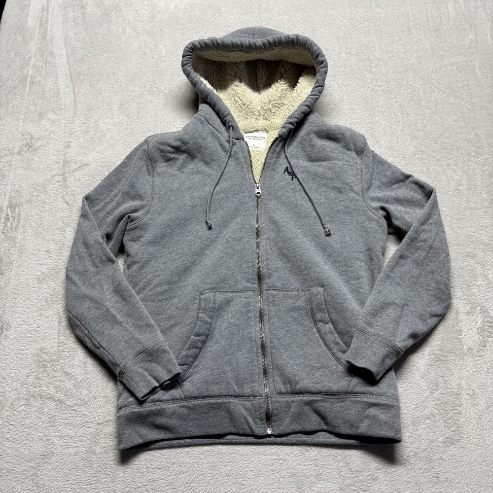 Vintage Abercrombie & Fitch Hoodie Men's S Gray Soft AF Fleece Full Zip Sherpa